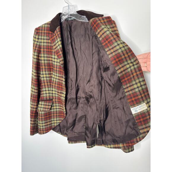 Vintage Laura Ashley brown Plaid Wool Blazer suede collar Equestrian Academia 4 - Picture 12 of 14